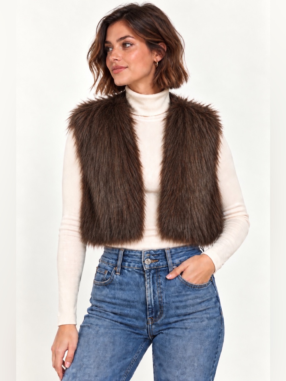 Vintage Y2K faux fur cropped vest brown colour made in Argentina women's size XS